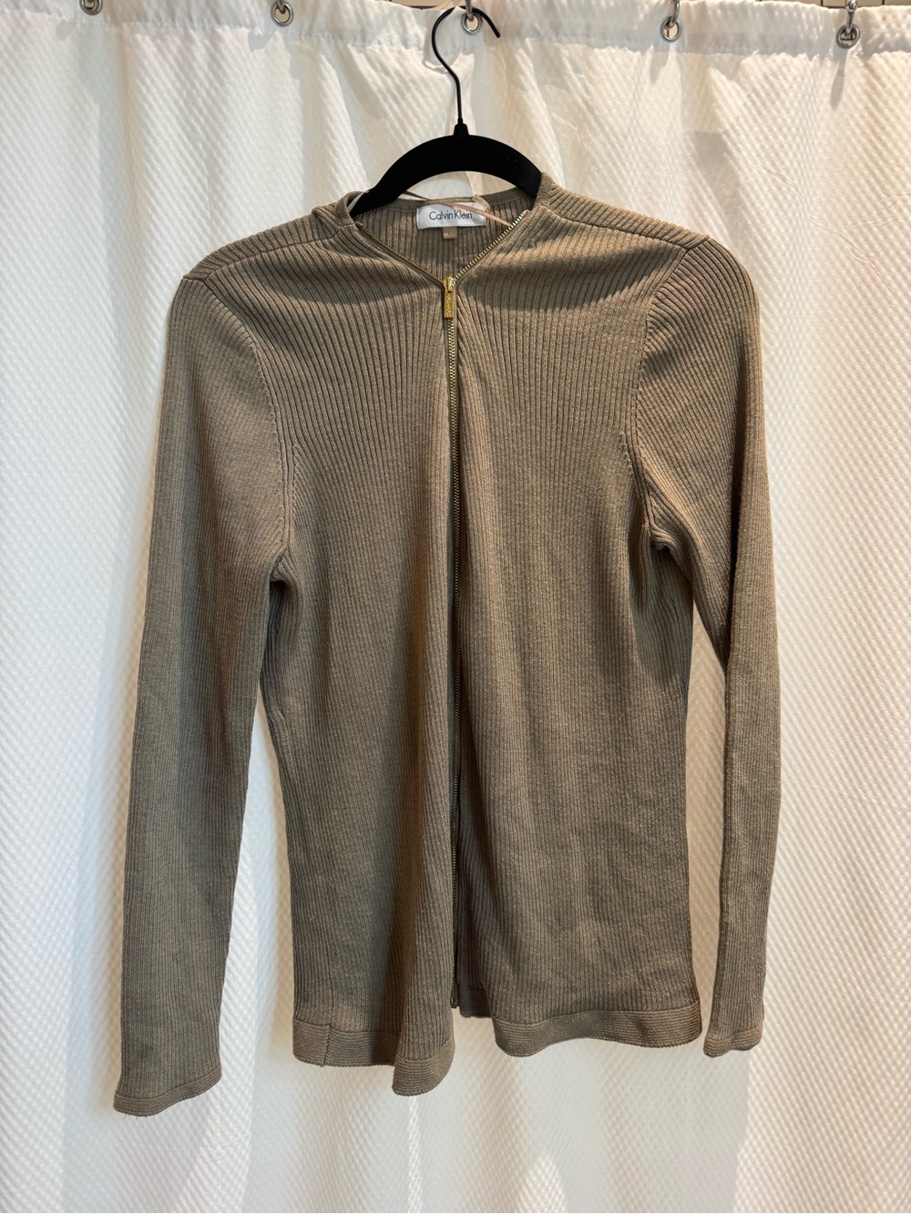Calvin Klein Ribbed Zip Cardigan in Taupe